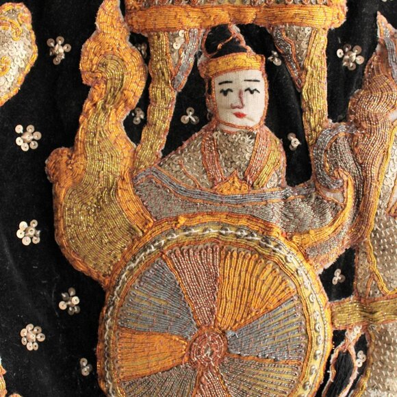 Vintage 1940s Kalaga Wall Hanging, Burmese Myanmar Elephant,  Black Velvet - Picture 4 of 10